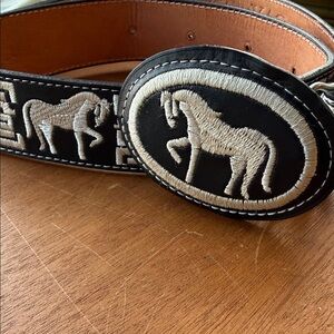 Vintage Men's Black and Brown Embroidered Belt - Equestrian